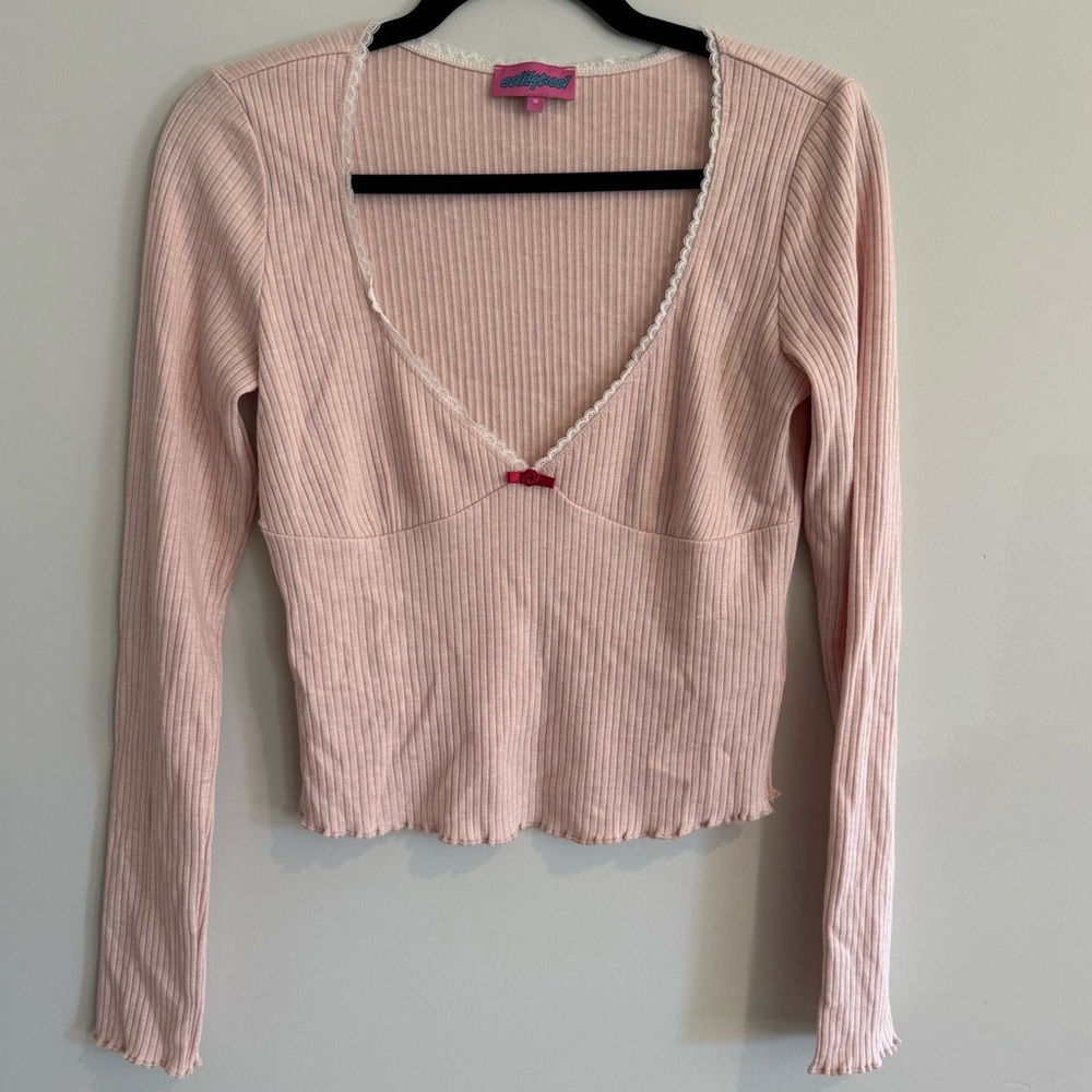 Edikted Sweetheart Ribbed Long-Sleeve Top - Pale Pink Women’s Size Medium #114